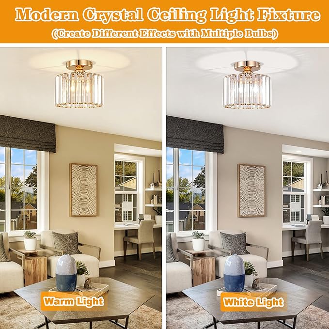 BUXVRCS Semi Flush Mount Modern Chandelier, Crystal Ceiling Light Fixture, Small Close to Ceiling Light for Living Room, Bedroom, Hallway, Bathroom, Kitchen, Entryway (Gold)