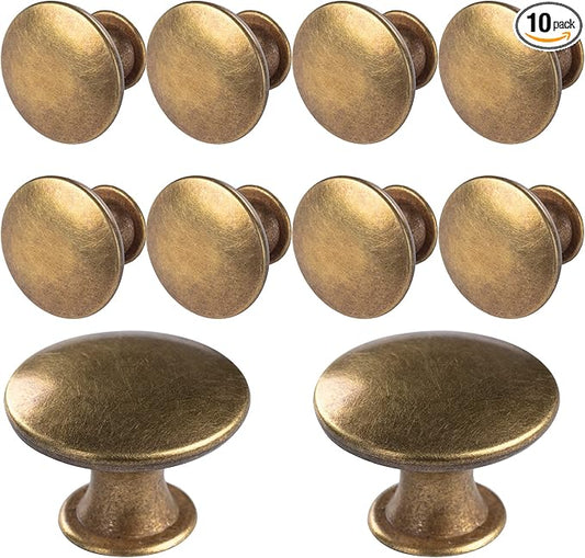 10 Pack Brass Round Antique Brass Kitchen Cabinet Knobs Cupboard Door Knobs Drawer Handle Pulls Dresser Knobs with 11 Pcs Screws for Bathroom Drawer Door Hardware