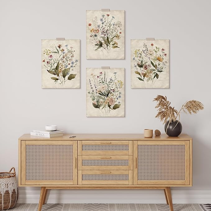 SIGNWIN Adhesive Canvas Poster Set Vintage Wildflower Bouquet Antique Botanical Illustrations Modern Art Decorative Scenic Multicolor Nature Wilderness for Bedroom - 8"x10"x 4