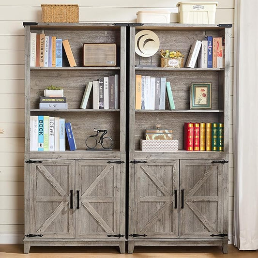 70in Tall Bookshelf 5 Tier Bookcase with Barn Doors and Adjustable Shelves, Grey Farmhouse Book Shelf with Storage Cabinet, Wood Freestanding Display Bookshelves for Bedroom, Kitchen (2 PCS)
