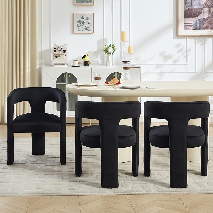 Modern Barrel Dining Chairs Set of 4, No Assembly Velvet Upholstered Dining Room Chairs with Open Back and 3 Legs, Comfy Accent Armchairs for Living Room/Bedroom/Kitchen/Reading, Black