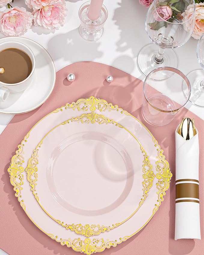 Nervure 100PCS Pink and Gold Plastic Plates - 7.5 inch Pink Plastic Plates with Gold Rim - Disposable Dessert Plate for Wedding & Party & Christmas