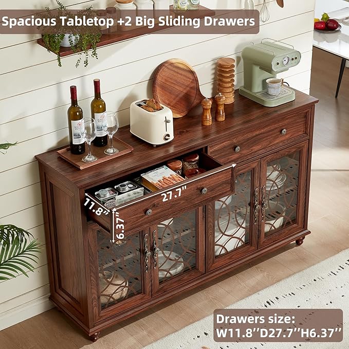 Large Sideboard Buffet Cabinet Set of 2 with Storage,59" Credenza with 4 Glass Doors & 2 Drawers,Adjustable Shelves Coffee Bar,Wood Kitchen Console Table for Dining Room,Brown
