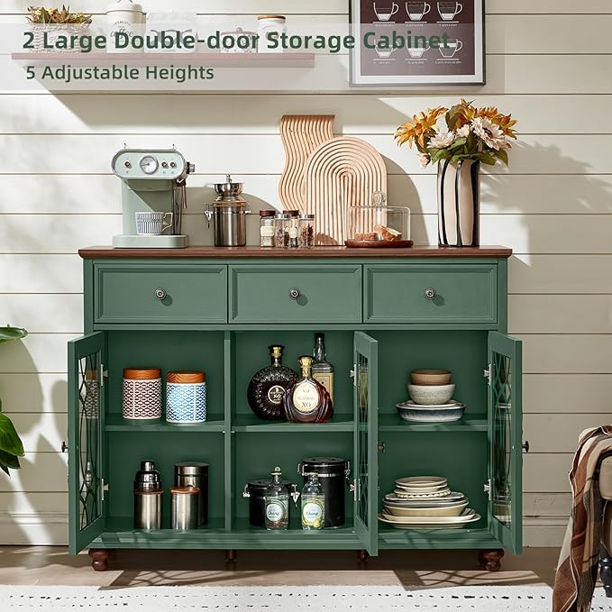 Farmhouse Sideboard Buffet Cabinet with Storage,48" Large Credenza with 3 Glass Doors & 3 Drawers,Adjustable Shelves Console Table,Wood Kitchen Coffee Bar for Dining Room,Living Room,Green