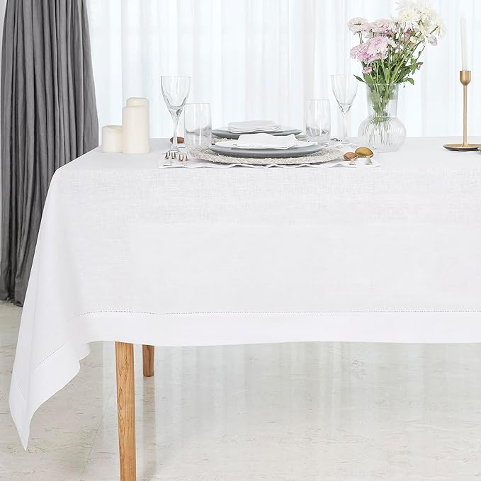 D'Moksha Homes White Linen Tablecloth for Rectangle Tables 60 x 144 Inch - 100% Pure Linen White Table Cloth - Classic Hemstitch, Machine Washable Dining Tablecloth for Christmas
