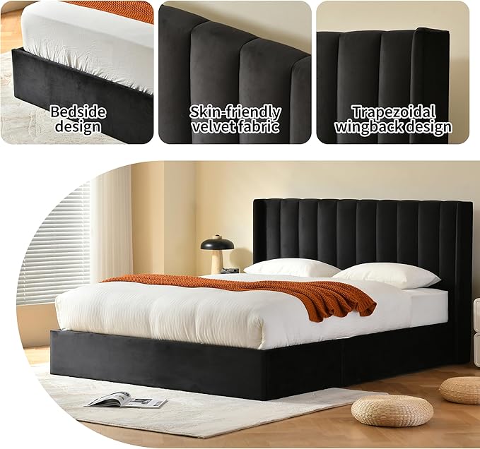 YUHUASHI Queen Size Hydraulic Storage Bed, Upholstered Platform Bed Frame, Modern Wingback Design Headboard, Velvet Fabric with Hydraulic Support Bars, No Box Spring Required (Black, Full)