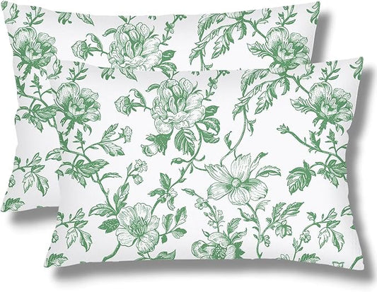 Green and White Porcelain Floral Pillow Cover Queen Size Set of 2 Vintage Flowers Lumbar Pillow Case Standard Pillowcase with Zipper Chinoiserie Decorative Pillows Covers for Bedroom,Couch,20"x30"
