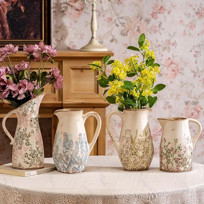 Purple and Borwn Floral Vintage Vase with Handle, French Country Floral Pitcher Vase, Rustic Ceramic Farmhouse Vases for Home Decor, Living Room, Bookshelf, Grand Millennial Tuscan Decor 8.7 in