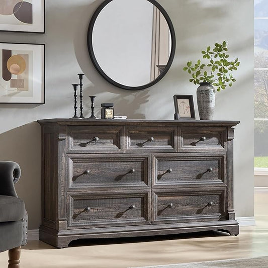 T4TREAM Farmhouse 7 Drawers Dresser for Bedroom, 54" Wide Wood Rustic Chest of Drawers w/Roman Column, Wooden Storage Dressers Organizer for Bedroom, Living Room, Closet, Dark Rustic Oak