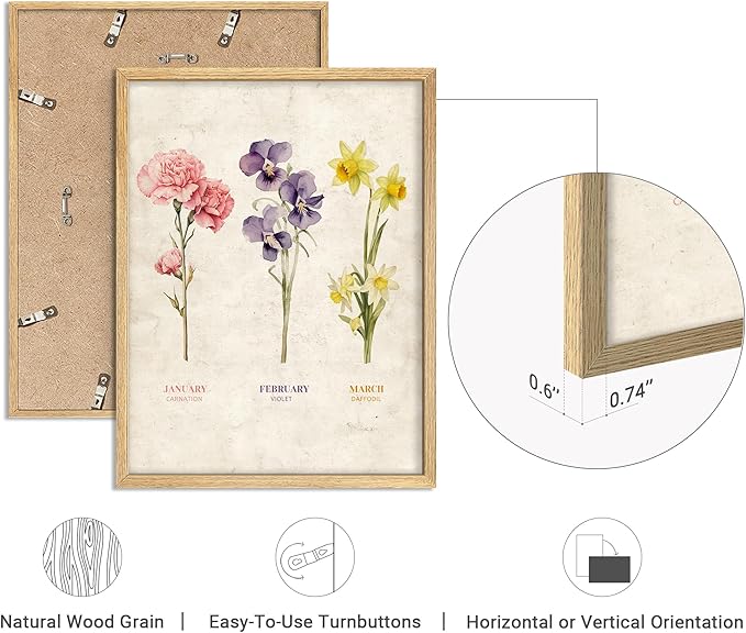 SIGNWIN Framed Set Vintage Floral Birth Month Botanical Prints Antique Flower Illustrations Modern Art Decorative Scenic Multicolor Nature Wilderness for Bedroom - 12"x16"x4 Natural