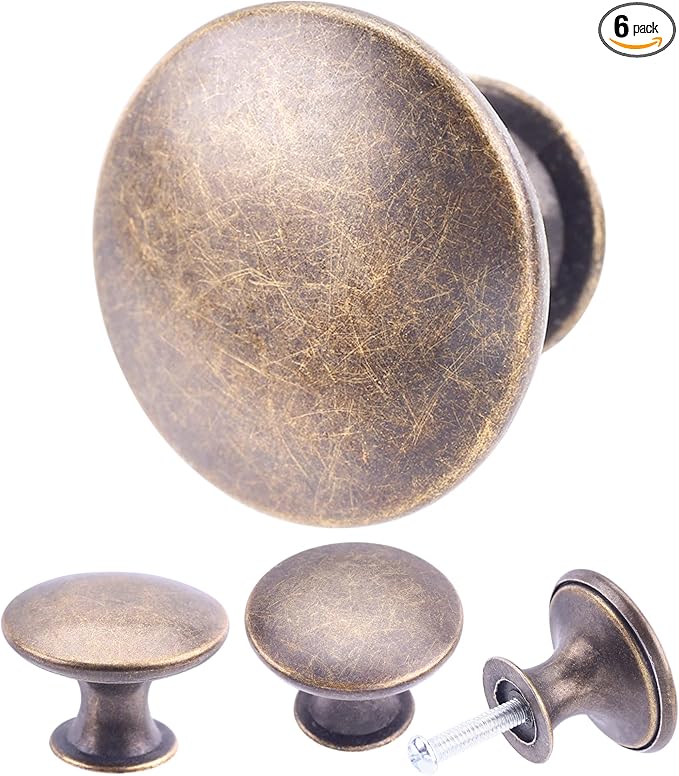 6 Pack Breen Bronze Round Antique Brass Kitchen Cabinet Knobs Cupboard Door Knobs Drawer Handle Pulls Dresser Knobs with 7 Pcs Screws for Bathroom Drawer Door Hardware