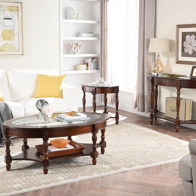 Solid Wood Oval Coffee Table with Tempered Glass Top, 45"x18" Vintage Carved Edge Coffee Table in Cherry Walnut Finish for Living Room