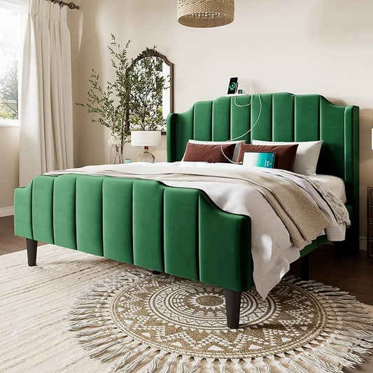Allewie Vintage Queen Size Velvet Platform Bed Frame with Curved Vertical Tufted Wingback Headboard and Footboard, Charging Station, Easy Assembly, Under Bed Storage, No Box Spring Required, Green