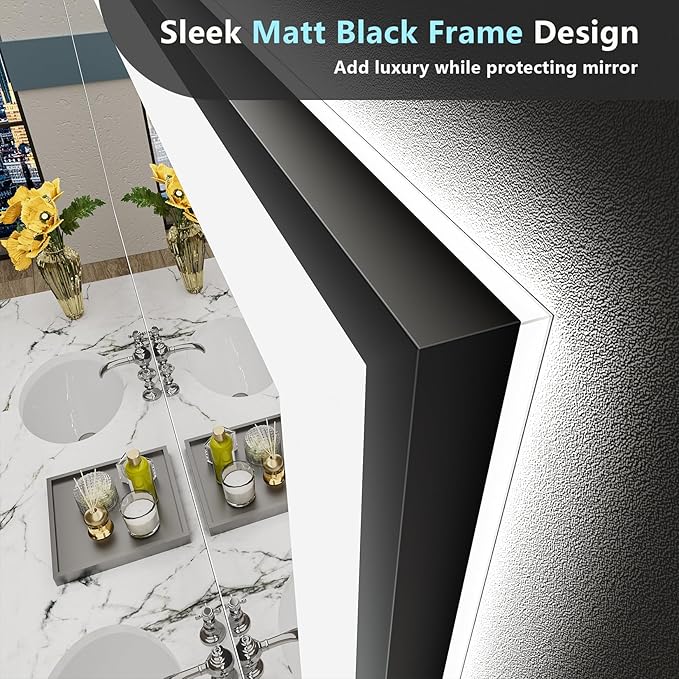 55x36 Black Framed LED Bathroom Mirror with Lights, Backlit + Front Lit, Anti-Fog Lighted Vanity Mirror for Bathroom Wall with 3 Colors, Dimmable, Memory, Shatter-Proof, HD Tempered Glass