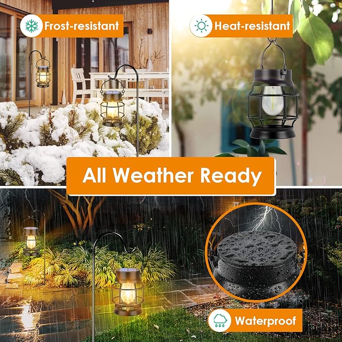 UBright 2 Pack Solar Lantern Lights Outdoor Waterproof Metal Hanging Solar Lights for Outside Retro Design with Edison Bulb Outdoor Lanterns Decorative for Patio Porch Garden Lawn