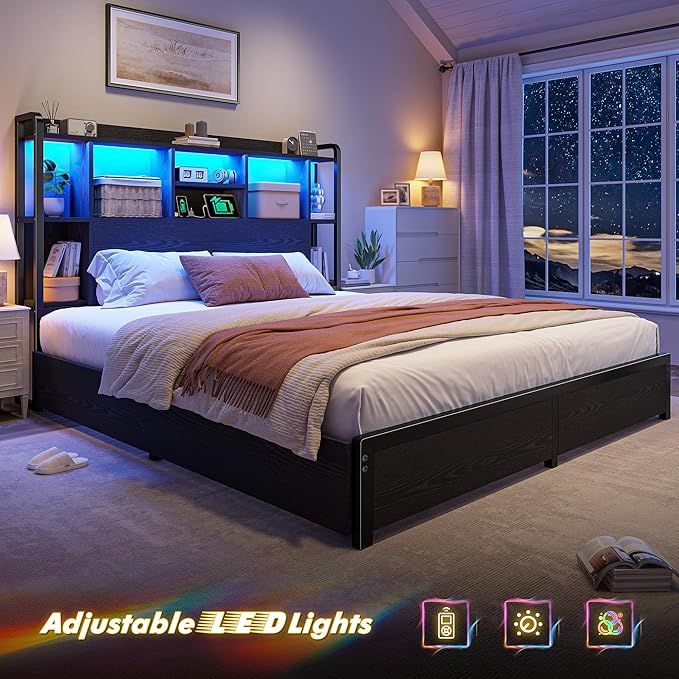 Queen Bed Frame with Storage Headboard & 4 Large Drawers Bed Frame Queen Size with 51" Tall Headboard 9 Compartments Led Lights & Charging Station,No Box Spring Needed, No Noise,Black