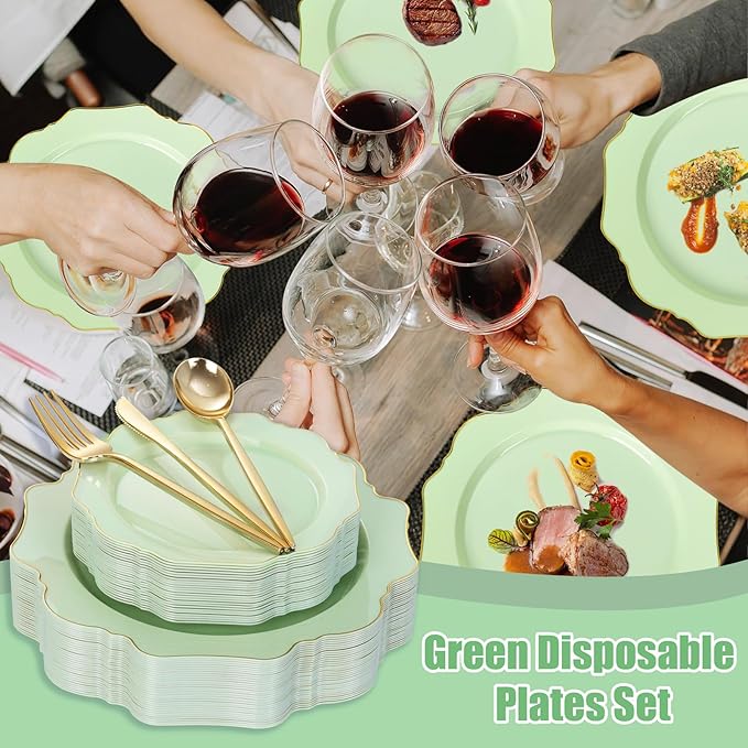 WDF 175Pcs Sage Green Plastic Plates With Gold Rim - Disposable Sage Green Plates 25guest Disposable Dinnerware Ideal for Party/Wedding/Spring Party