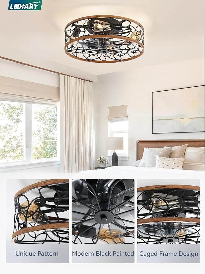 LEDIARY Caged Ceiling Fans with Lights, Farmhouse Flush Mount Ceiling Fan with Remote, Black&Walnut Low Profile Ceiling Fan Light Fixture for Bedroom, Kitchen, Dining Room.
