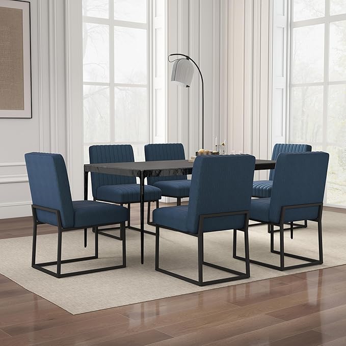VKNOW Upholstered Dining Chairs Set of 6, Modern Dining Room Chairs with Stripe, Linen Kitchen Chair Dinner Chair with Black Metal Base for Kitchen Office, Blue