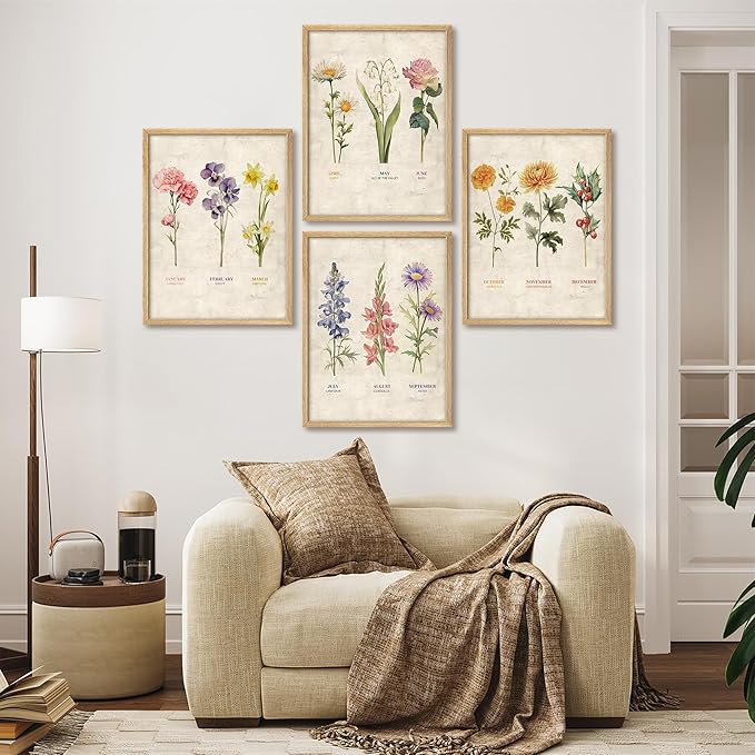 SIGNWIN Framed Set Vintage Floral Birth Month Botanical Prints Antique Flower Illustrations Modern Art Decorative Scenic Multicolor Nature Wilderness for Bedroom - 11"x14"x4 Natural