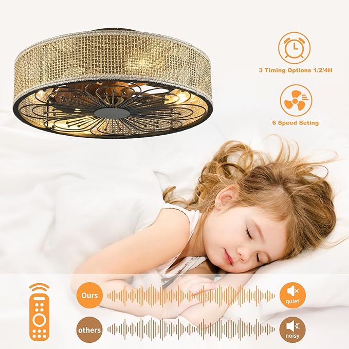 Modern Boho Rattan Flush Mount Ceiling Fans with Lights and Remote Control Low Profile Bladeless Ceiling Fan Timer and 6-Speed Reversible Motor for Bedroom, Kitchen, Dining Room Include Bulbs