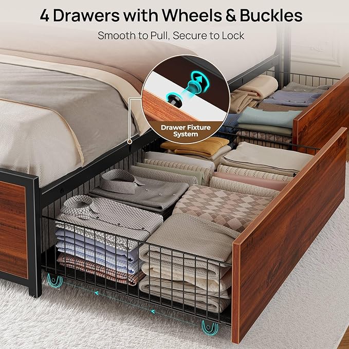 Rolanstar Twin Bed Frame with 4 Storage Drawers, Charging Station and LED Lights, Metal Platform Bed with 2-Tier Storage Headboard, No Box Spring Needed, Easy Assembly, Noise-Free, Walnut