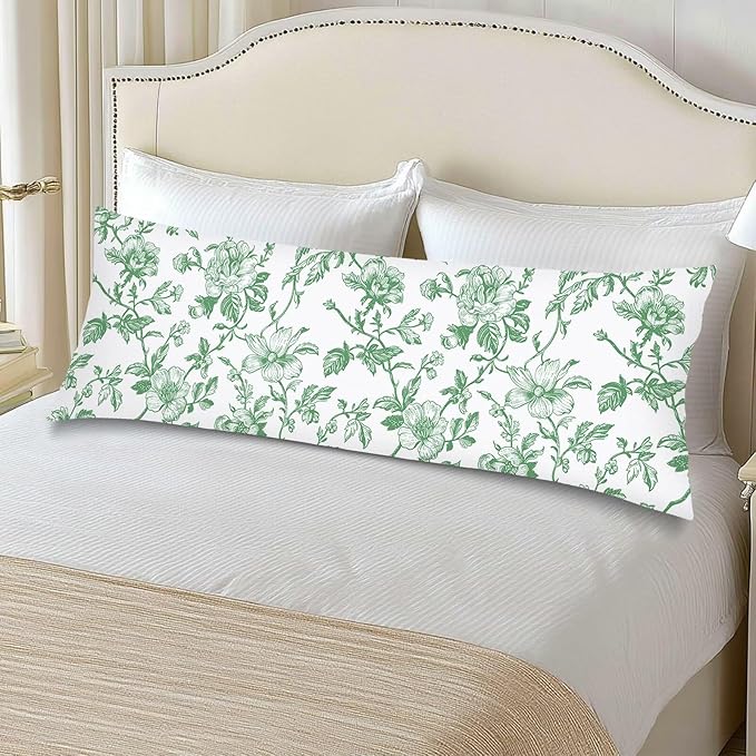 Green and White Porcelain Floral Body Pillow Cover Vintage Flowers Long Pillow Case with Zipper,Florals Lumbar Pillows Cases,Chinoiserie Decorative Soft Bed Cushion Covers for Bedroom,Sofa,"20x54"