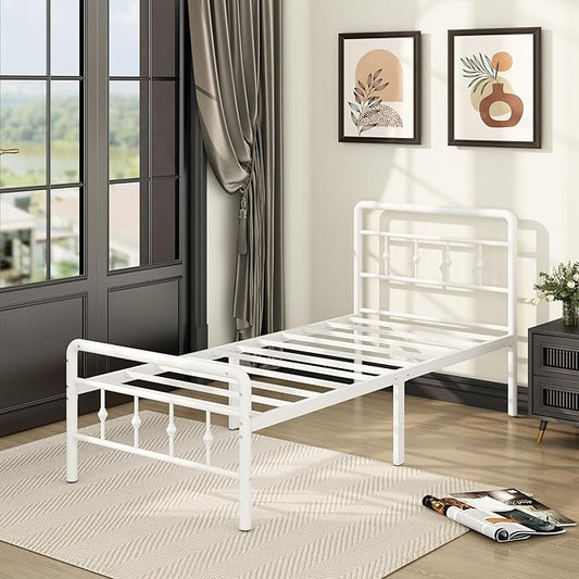 16 Inch White Twin XL Bed Frames with Headboard and Footboard, Classic Metal Platform No Box Spring Needed Heavy Duty Victorian Style Iron-Art Mattress Foundation
