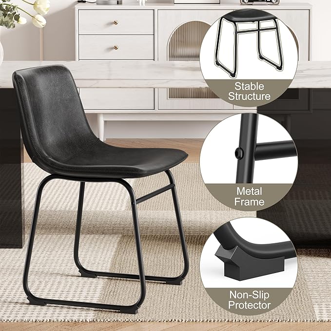Dining Chairs Set of 6, 18" PU Leather Armless Dinner Chairs with Backrest, Modern Kitchen Dining Room Chair with Metal Legs for Home (Black)