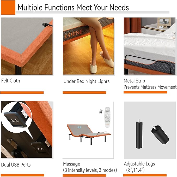 ESHINE Split King Adjustable Bed Frame - Independent Control, Adjustable Bed with Massage, Wireless Remote, Foot&Head Incline, Zero Gravity, Dual USB Ports, Under Bed Light, E3000 Premium Series