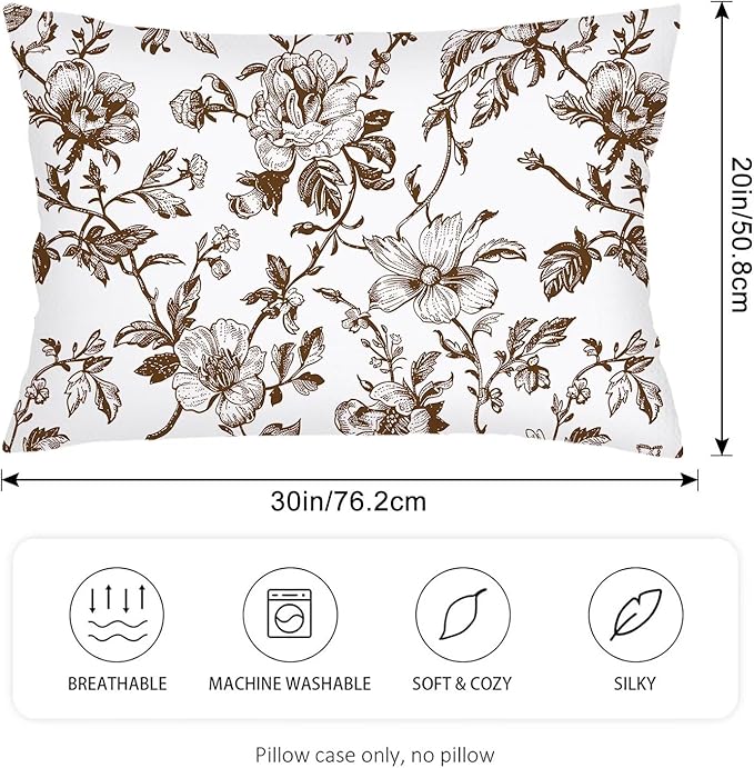 Brown and White Porcelain Floral Pillow Cover Queen Size Set of 2 Vintage Flowers Lumbar Pillow Case Standard Pillowcase with Zipper Chinoiserie Decorative Pillows Covers for Bedroom,Couch,20"x30"