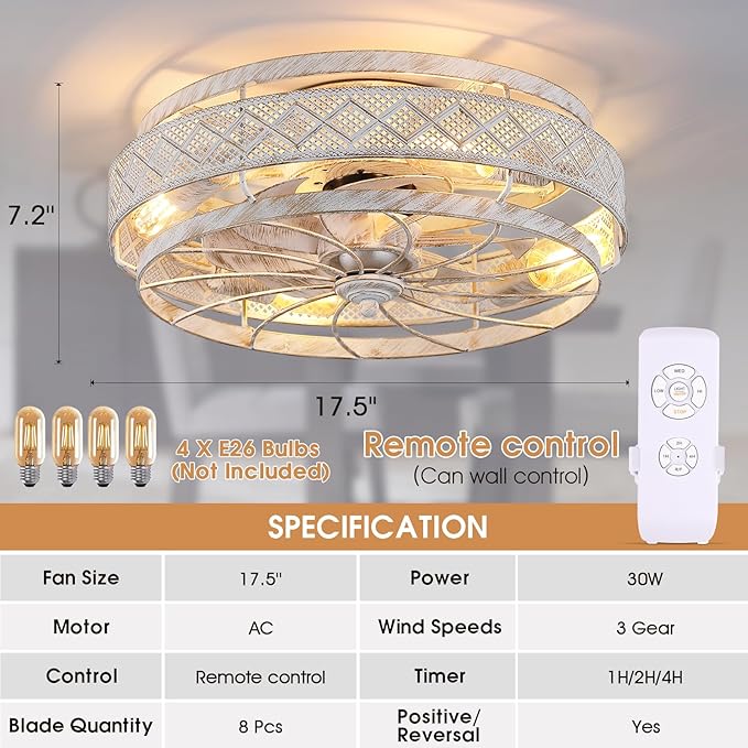 18 Inch Low Profile Caged Ceiling Fans with Lights Remote Control, White Flush Mount Ceiling Fan, Small Bladeless Ceiling Fan Light Fixture For Bedroom, Kitchen, Reversible(Bulbs not Included)