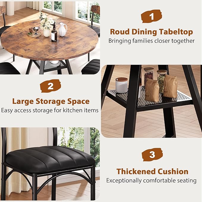 Round Dining Table Set for 4, Kitchen Table and Chairs for 4, Circle Table Round Pedestal Dining Room Dinner Dinette Table Set,5 Piece Space Saving Wood Kitchen & Dining Room Tables Set Furniture