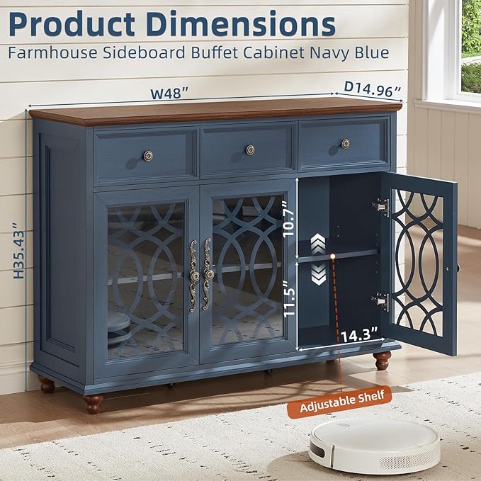 Farmhouse Sideboard Buffet Cabinet Set of 2 with Storage,48" Large Credenza with 3 Glass Doors & 3 Drawers,Adjustable Shelves Console Table,Wood Kitchen Coffee Bar for Dining Room,Navy Blue