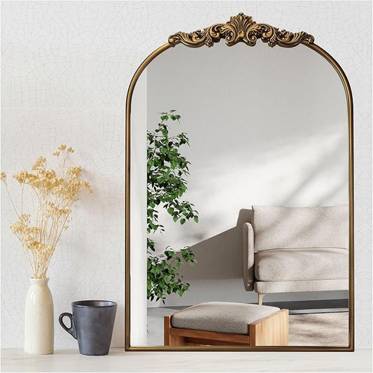 Ornate Baroque Vintage Gold Mirror - 24"X36" Arched Antique Brass Mirror with Full Metal Frame - Perfect for Entryway, Fireplace, Living Room, Hallway, or Bathroom Décor