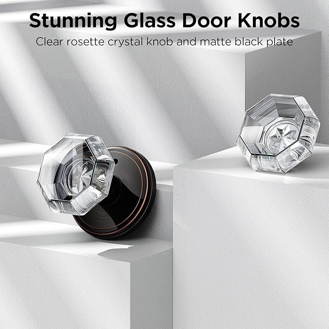 1 Pack Crystal Door Knob, Octagon Shaped Glass Door Knobs Interior with Lock, Oil Rubbed Bronze Door Knobs Interior Glass