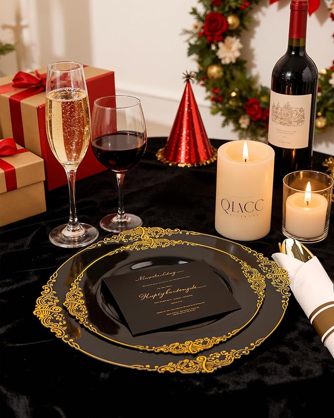 Nervure 100PCS Black Gold Plastic Plates - 7.5 inch Black Plastic Plates with Gold Rim - Disposable Dessert Plates for Wedding & Party & New Year