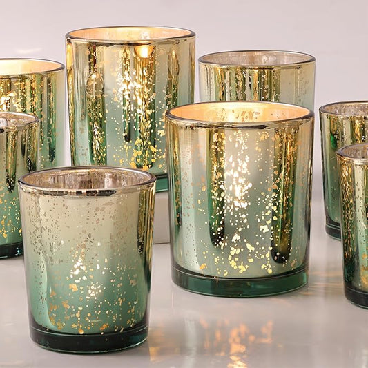 Volens 12pcs Assorted Green Votive Candle Holders, Large Speckles Mercury Glass Votive & Tealight Candle Holder Bulk for Wedding Table Centerpiece, Green and Gold Themed Party Decorations