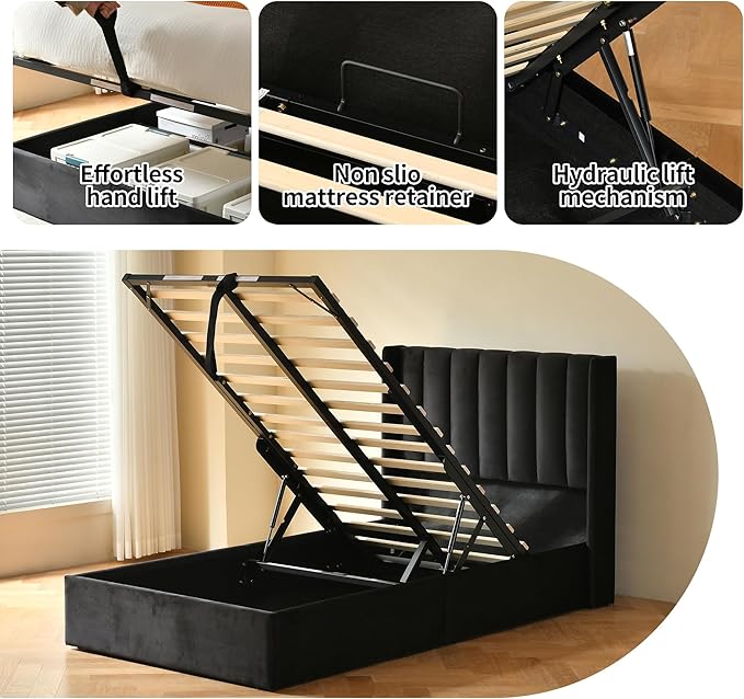 YUHUASHI Queen Size Hydraulic Storage Bed, Upholstered Platform Bed Frame, Modern Wingback Design Headboard, Velvet Fabric with Hydraulic Support Bars, No Box Spring Required (Black, Twin)