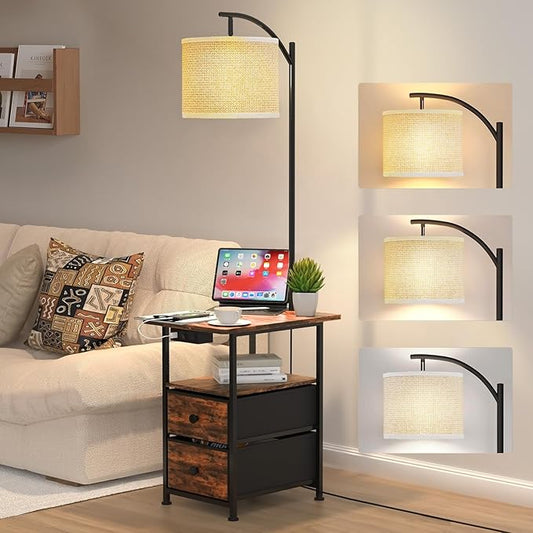 JACKYLED Floor Lamp with Table & 2 Drawers, 3-Color End Table Flood Lamp with Charging Station (USB, Type-C, AC), Vintage Side Table with Lamp for Reading, Bedroom, Living Room, Paper String Shade