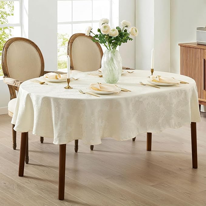 Newbridge Barcelona Luxury Damask Fabric Tablecloth, 60” Wide x 84” Oval, Antique White, 100% Polyester, No Iron, Soil Resistant Dining Room, Party and Banquet Table Cover