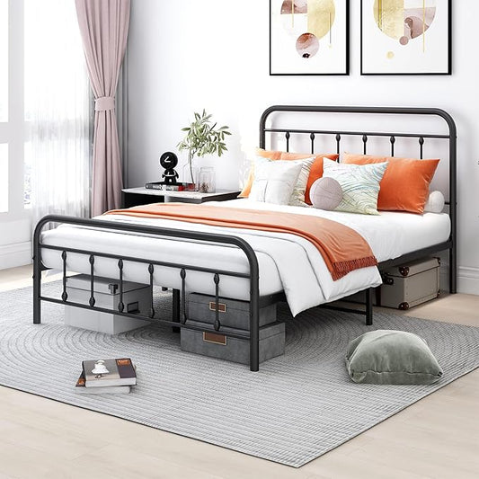 DUMEE Metal Full Size Bed Frame Platform with Vintage Headboard and Footboard Sturdy Premium Steel Slat Support No Box Spring Needed, Textured Black