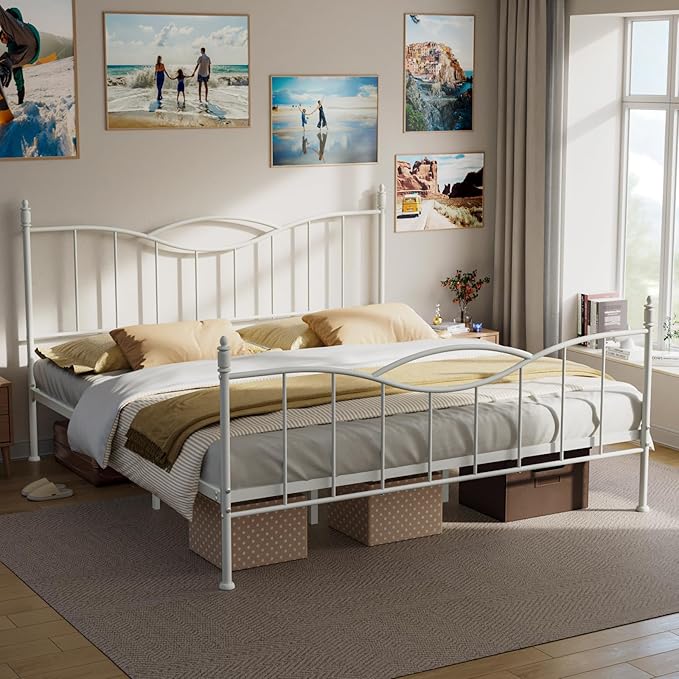 King Size Bed Frame with Headboard,Metal Platform Bed Frame Mattress Foundation with Footboard, Under Bed Storage, Strong Metal Slats Support, No Box Spring Needed, White