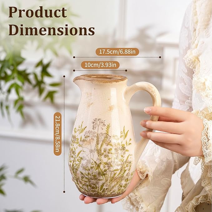 Vintage Green and Beige Ceramic Pitcher Vase with Handle, Farmhouse Floral Decorative Vase, Rustic Table Centerpiece for Home Decor, Living Room, French Country Grand Millennial Decor 8.7 in