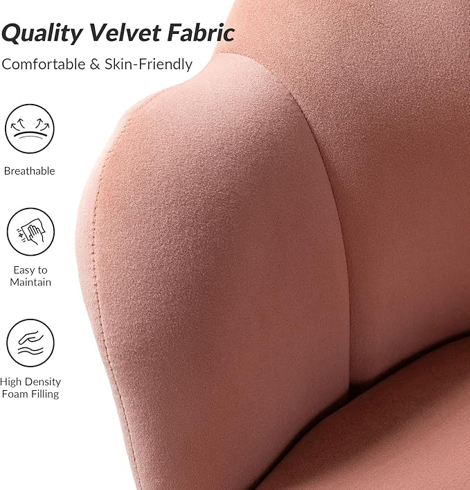 HULALA HOME Modern Velvet Accent Chairs Set of 2 with Shell Shaped Back, Cute Living Room Bedroom Armchairs with Gold Legs, Comfy Upholstered Vanity Chairs for Makeup Room, Pink