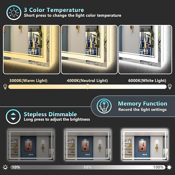 60x30 LED Bathroom Mirror with Lights, Backlit and Front Lit Anti-Fog Lighted Vanity Mirror for Bathroom Wall, 3 Colors, Stepless Dimmable, Memory, Shatter-Proof, HD Tempered Glass, ETL Listed