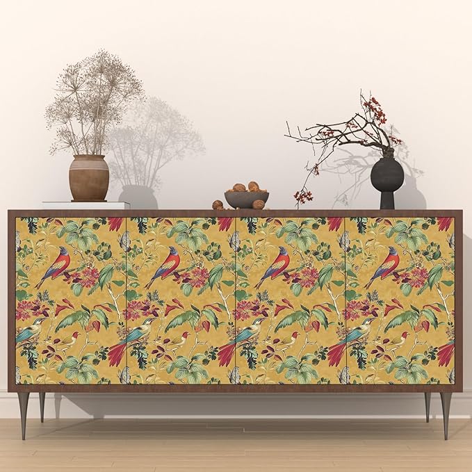 Yellow Boho Wallpaper Peel and Stick,Vintage Floral Bird Contact Paper, Retro Botanical Wall Paper Self Adhesive Removable Waterproof for Bedroom Walls Shelves Cabinet Table Decoration 17.5in x 118in