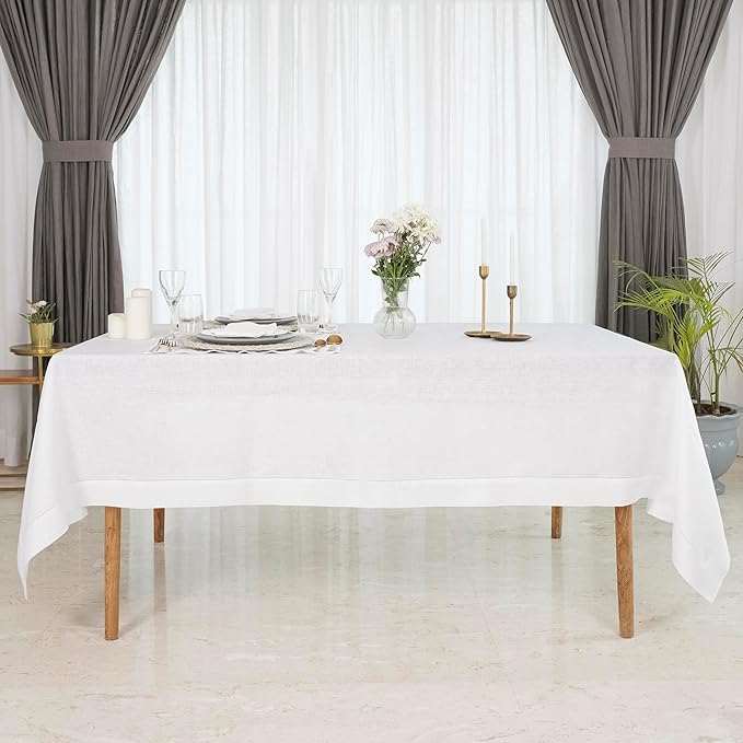 D'Moksha Homes White Linen Tablecloth 60 x 156 Inch - 100% Pure Linen White Tablecloth for Rectangle Tables - Classic Hemstitch, Machine Washable Table Cloth for Winter, Christmas, Holiday