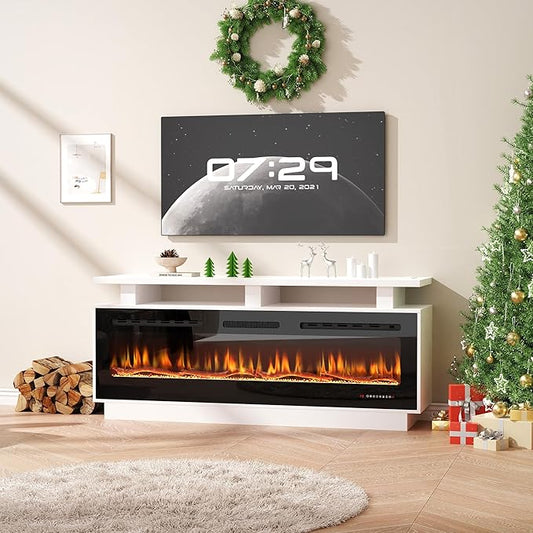 Fireplace TV Stand with 60“ Smart Electric Fireplace, Modern Wood Entertainment Center with Mantel&Built-in Power Outlets, Fireplace Cabinet for Living Room (White, 60“ WiFi)