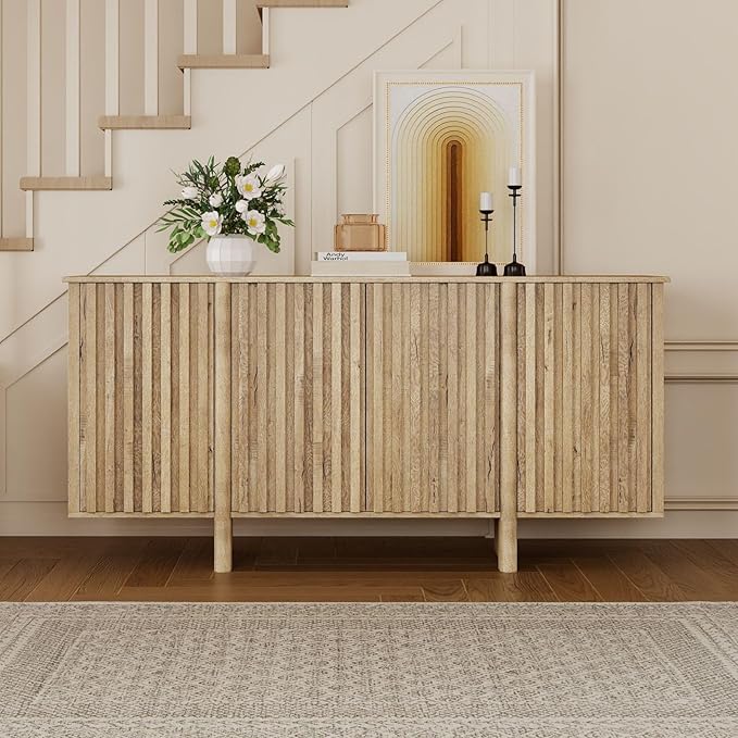 LukeAlon Fluted Sideboard Cabinet with Storage, 65" Farmhouse Accent Buffet Cabinet Credenza, Wooden Entryway Cabinets Long Console Table for Living Room Dining Room Hallway, Natural Wood Color
